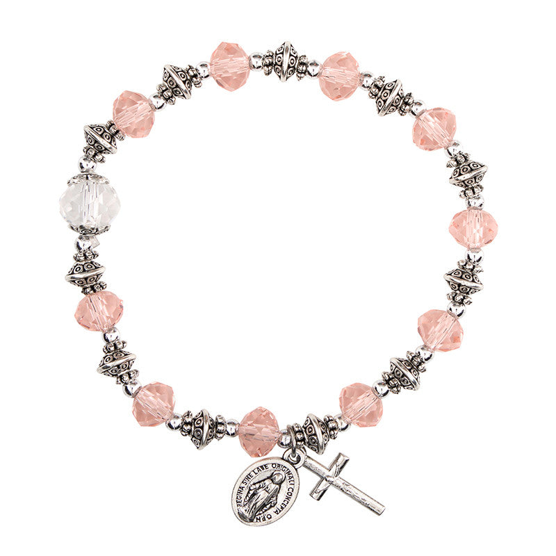 Pulsera Rosario de Cristal Rosa — Medalla Milagrosa