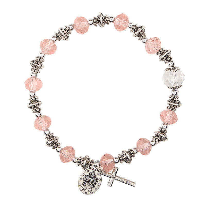 Pulsera Rosario de Cristal Rosa — Medalla Milagrosa